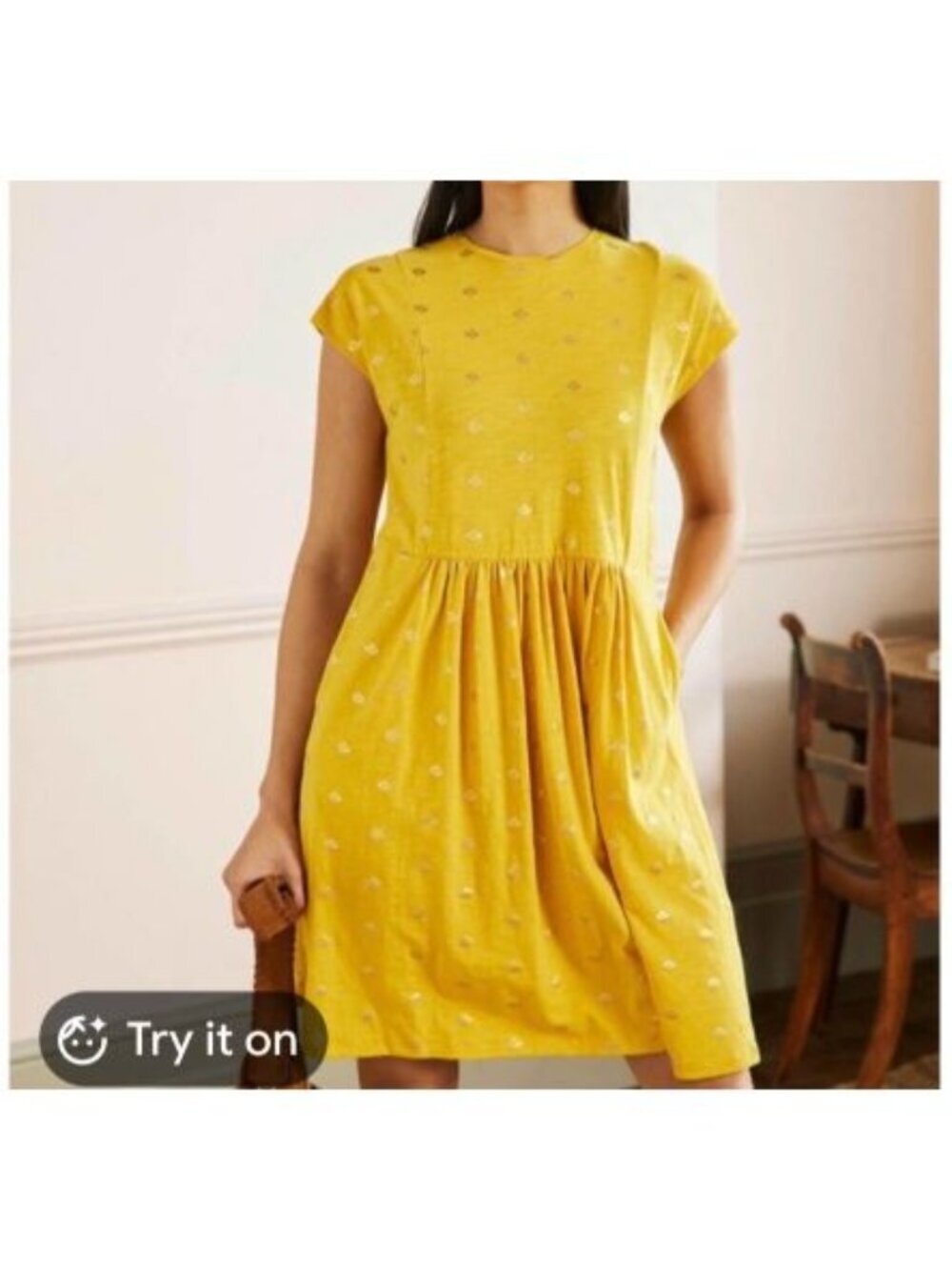 Boden Leah Jersey T-Shirt Dress Size 12P Yellow Gold Floral Pockets Short Sleeve